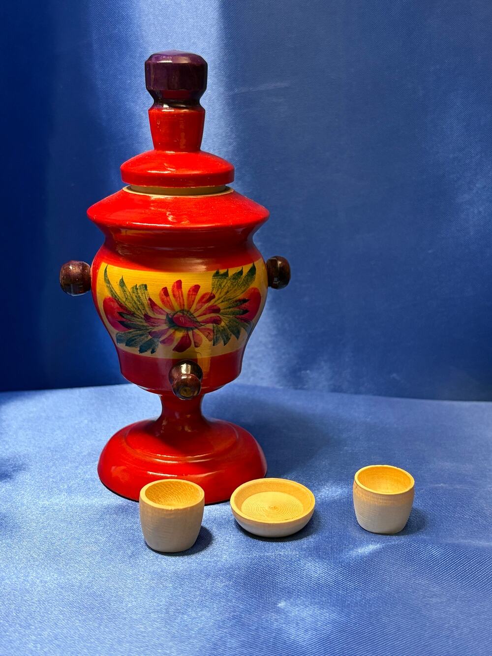 Vintage Small Lacquered Wooden Russian Play Drink Set with Two Cups